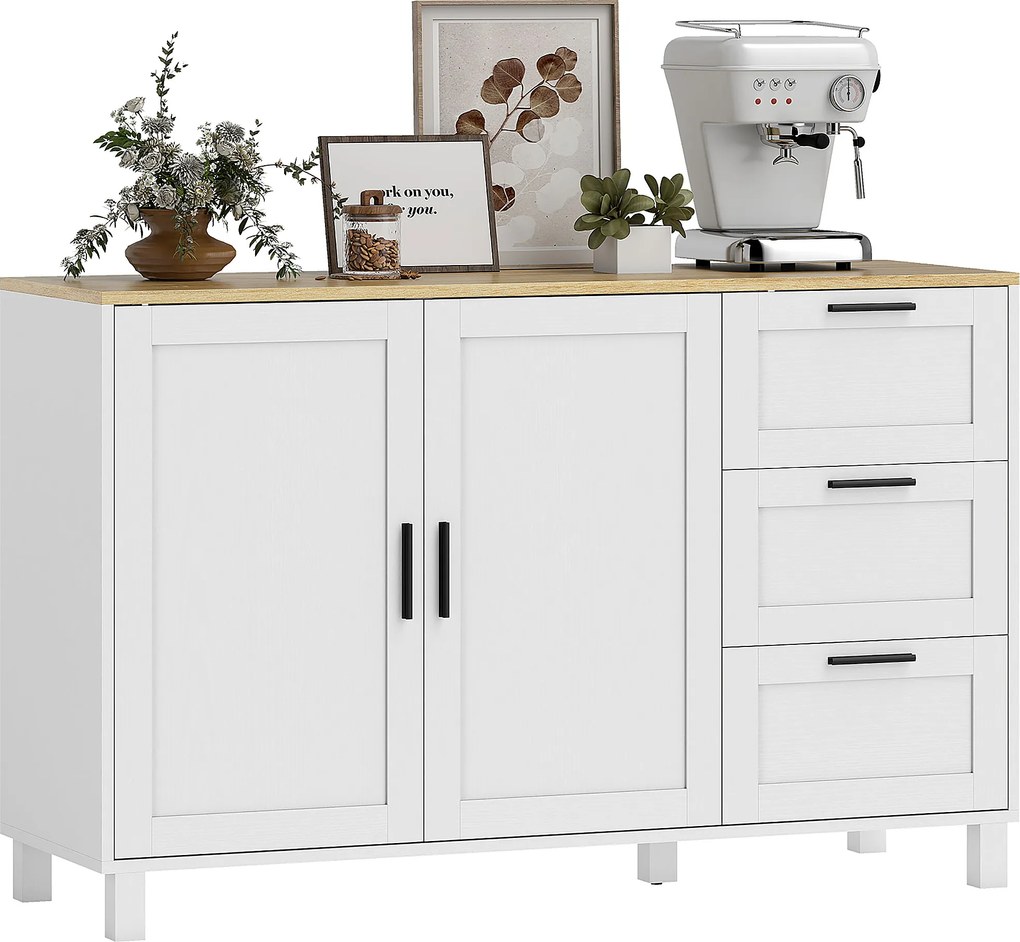 HOMCOM Bufet living, mobilier de depozitare, uși duble cu închidere amortizată, 3 sertare și raft reglabil, 120x38x76cm, alb | Aosom Romania