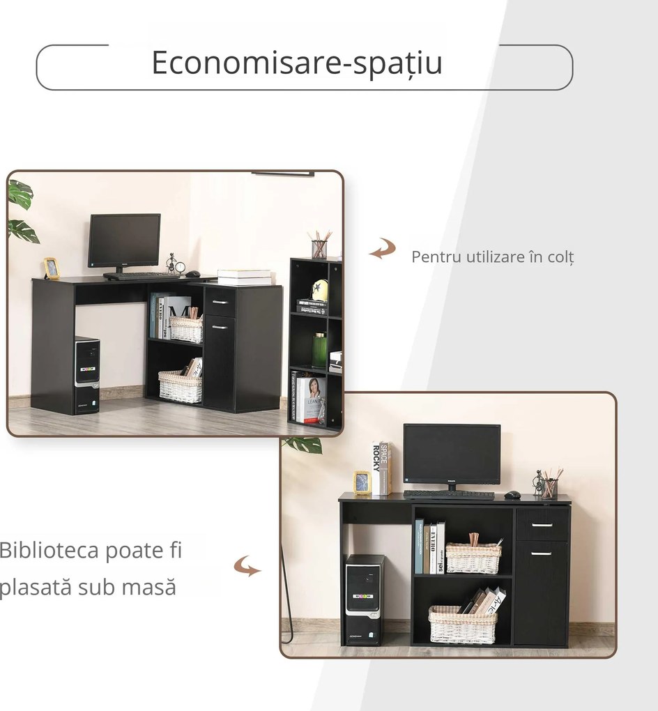 HOMCOM Birou de Colț pentru Studiu cu 2 Sertare și 2 Rafturi, Birou Modern din Lemn, 117x82x74 cm, Negru | Aosom Romania