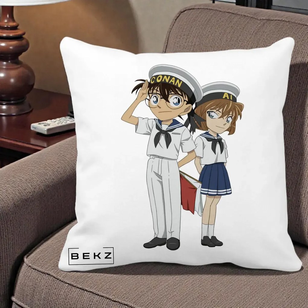 Perna Personalizata Detective Conan Conan si Ai Sailor, 40x40 cm, Alba Mata, Husa Detasabila, Perna Inclusa, BEKZ®