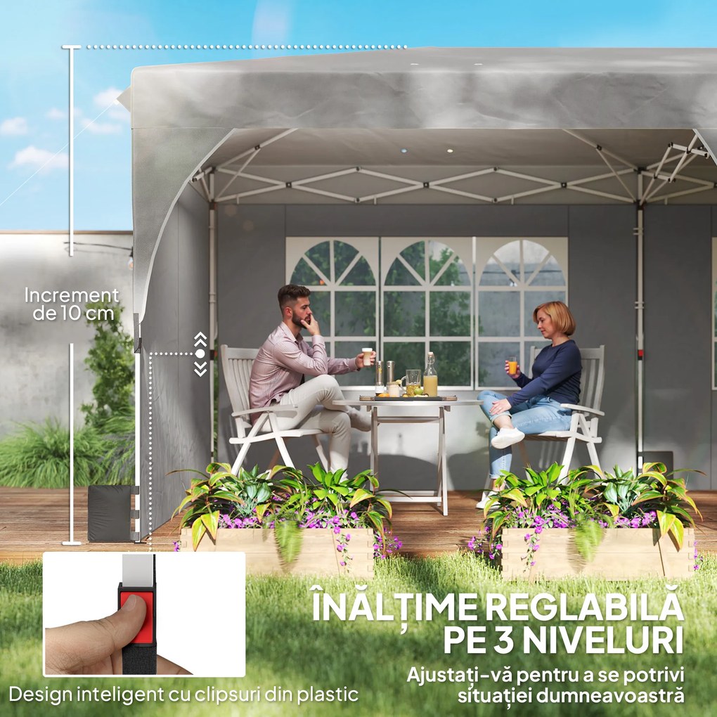 Outsunny Foișor 3x6 m Pliabil Tip Pop-Up cu Înălțime Reglabilă, Pereți Laterali, Benzi Reflectorizante, Saci de Nisip, Geantă de Transport, UV50+, pentru Camping, Petreceri, Gri Deschis | Aosom Romania