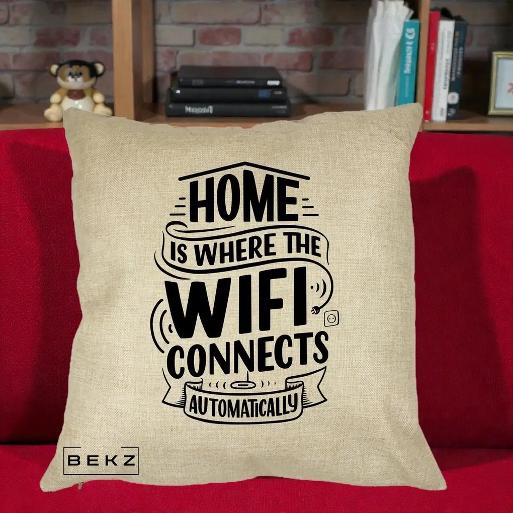 Perna Decorativa Home Is Where WiFi Connects, 40x40 cm, Crem, Husa Detasabila, Perna Inclusa, BEKZ®