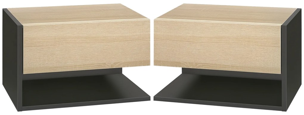 HOMCOM Set de 2 Noptiere suspendate - Set de 2 Noptiere - sertar Culisant, etajera, Bicolore Aspect stejar Negru | Aosom Romania