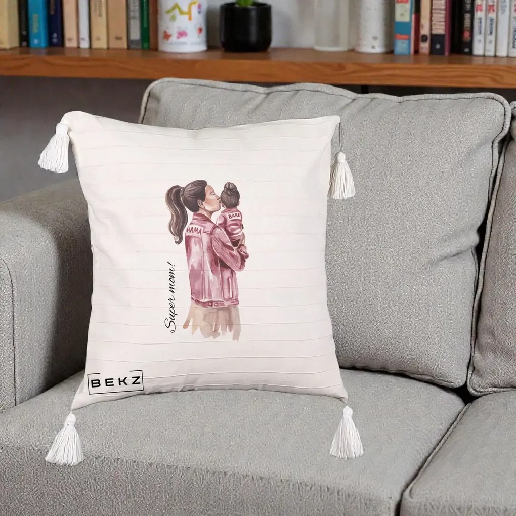 Cadou pentru Mama - Perna Personalizata Super Mom Jachete Roz, 40x40 cm, Bej cu Franjuri, Husa Detasabila, Perna Inclusa, BEKZ®