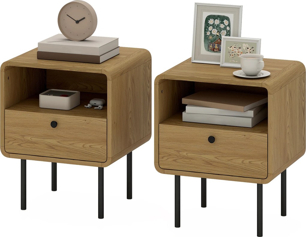 HOMCOM Noptieră îngustă măsuță cu compartiment deschis și 1 sertar picioare din oțel 40 x 36 x 50 cm, efect lemn stejar | Aosom Romania