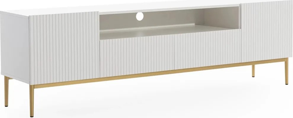 Comodă TV cu nișă și sertare Nicole 200 cm - alb mat / picioare aurii