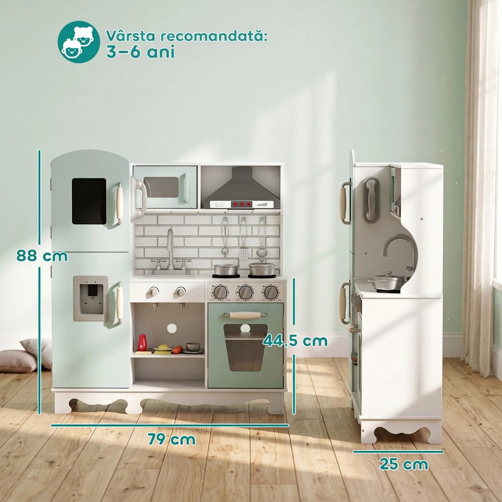 AIYAPLAY Bucătărie din lemn pentru copii, cu lumini, sunete, accesorii, frigider, cuptor și aparat de cafea, verde deschis | Aosom Romania