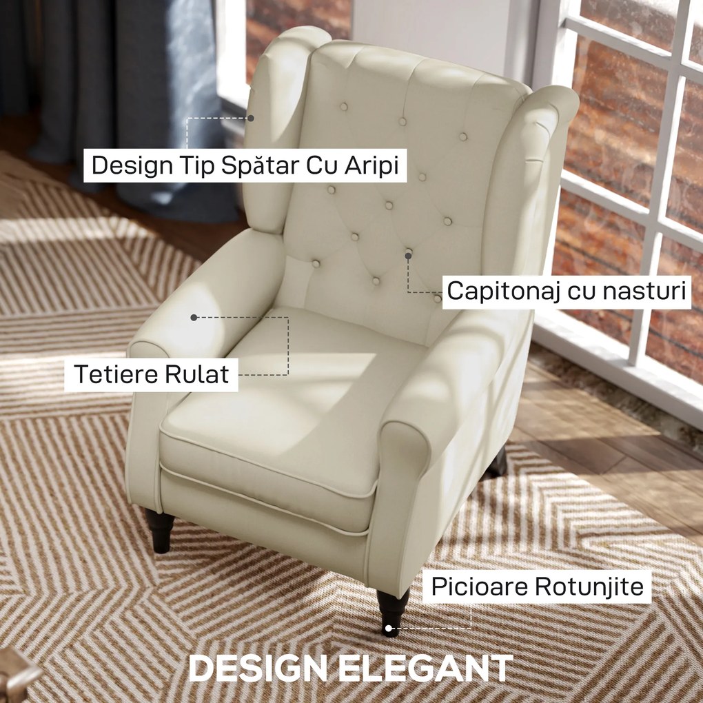 HOMCOM Scaun Decorativ Capitonat cu Spatar Inalt, Cotiere Rotunjite Captusite și Sezut cu Captuseala Groasa, Alb Crem | Aosom Romania