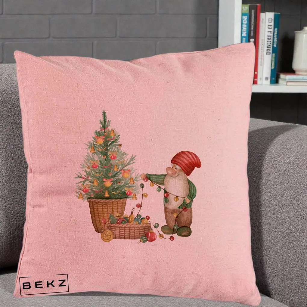 Perna Decorativa Pitic de Craciun cu Brad, 40x40 cm, Roz, Husa Detasabila, Perna Inclusa, BEKZ®