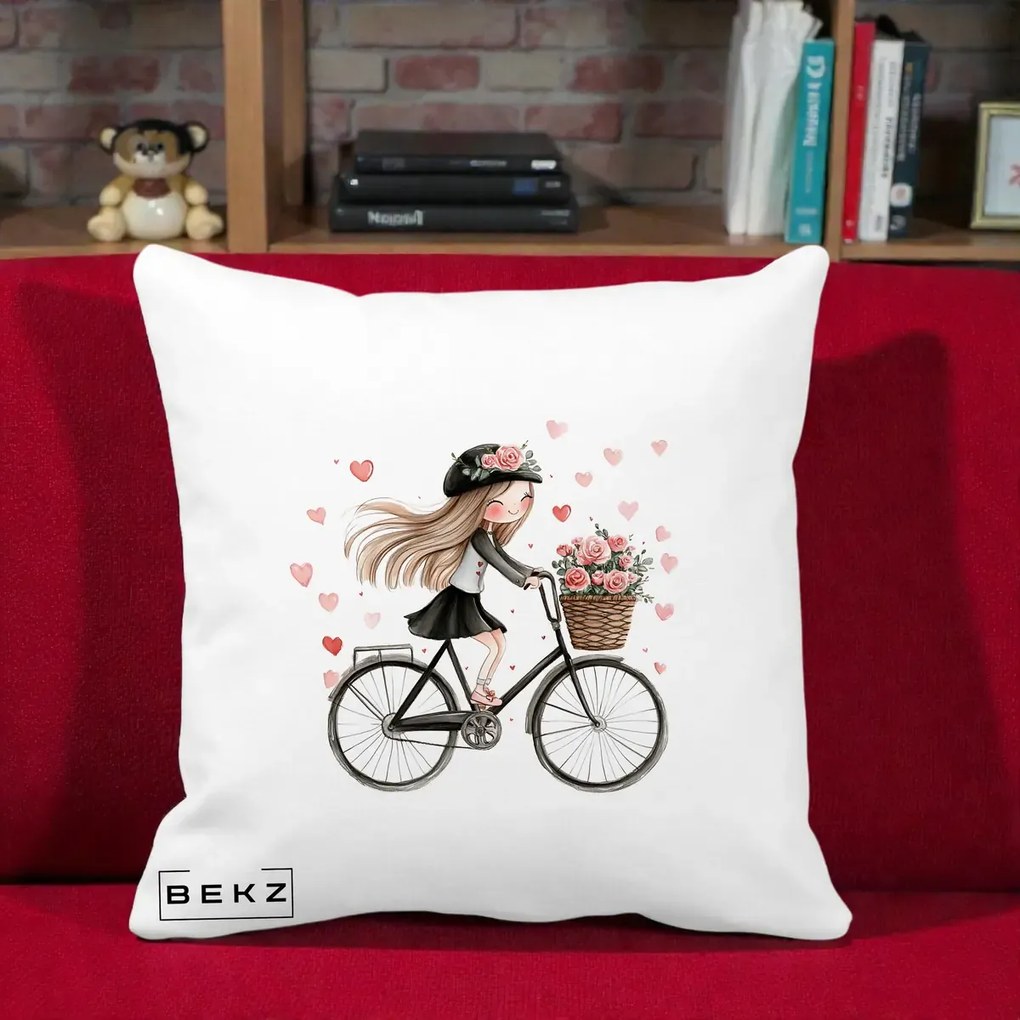 Perna Decorativa Fetita Kawaii pe Bicicleta cu Trandafiri si Inimioare, 40x40 cm, Alba Mata, Husa Detasabila, Perna Inclusa, BEKZ®