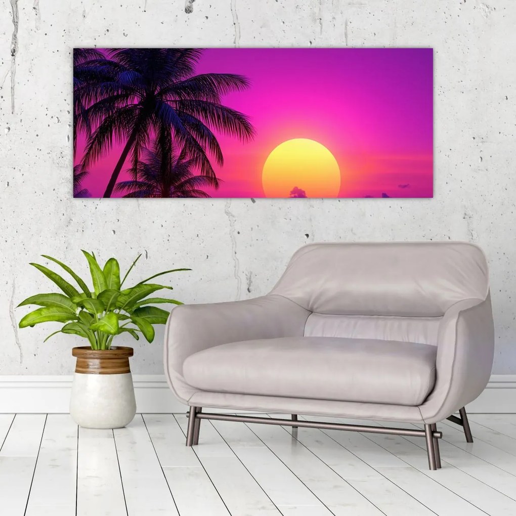 Tablou - Apus violet cu palmier (120x50 cm)