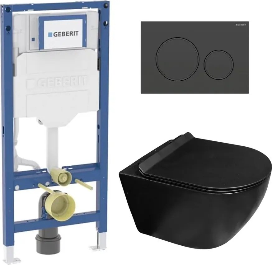 Set rezervor incastrat Geberit Duofix cu set fixare si clapeta Sigma20 negru mat plus vas WC Rune Ivaldi Grande cu capac softclose