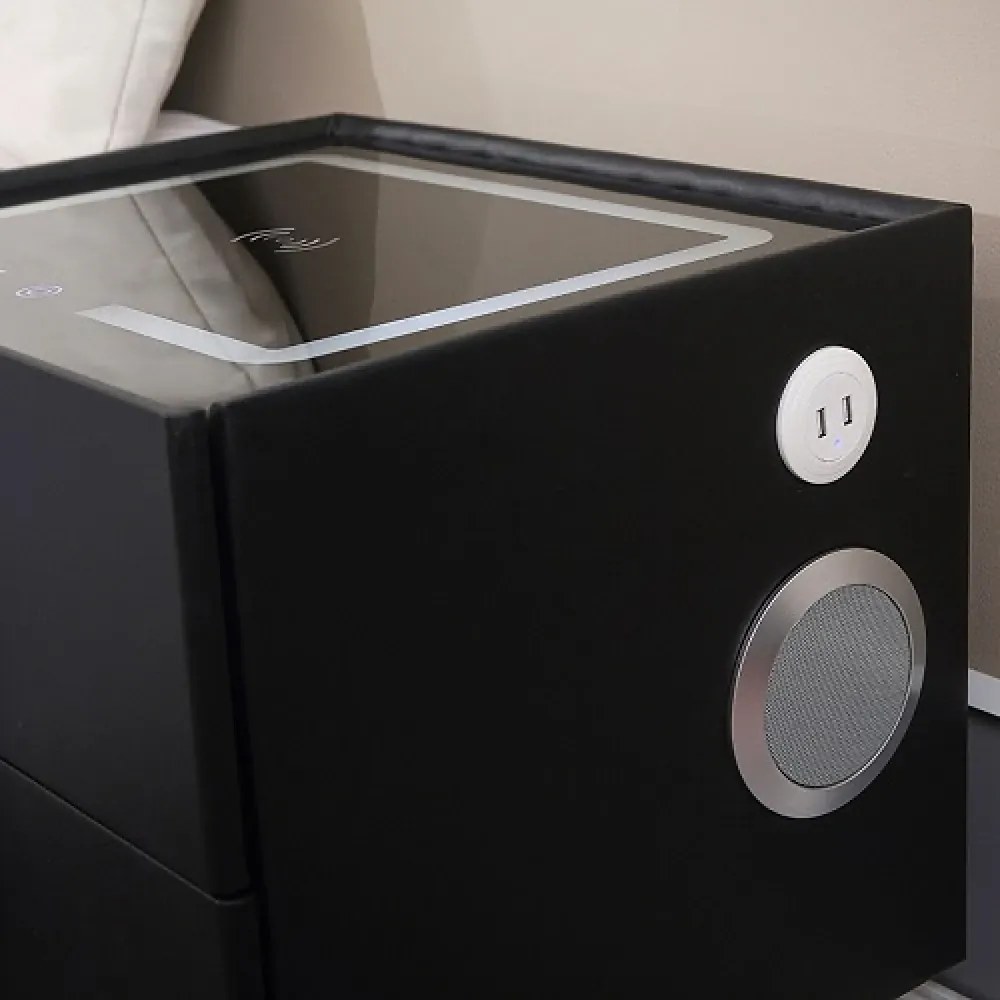 Noptiera inteligenta multifunctionala, iluminare LED tactil, blocare amprentă, incarcare wireless si USB, difuzor Bluetooth, catifea, Negru