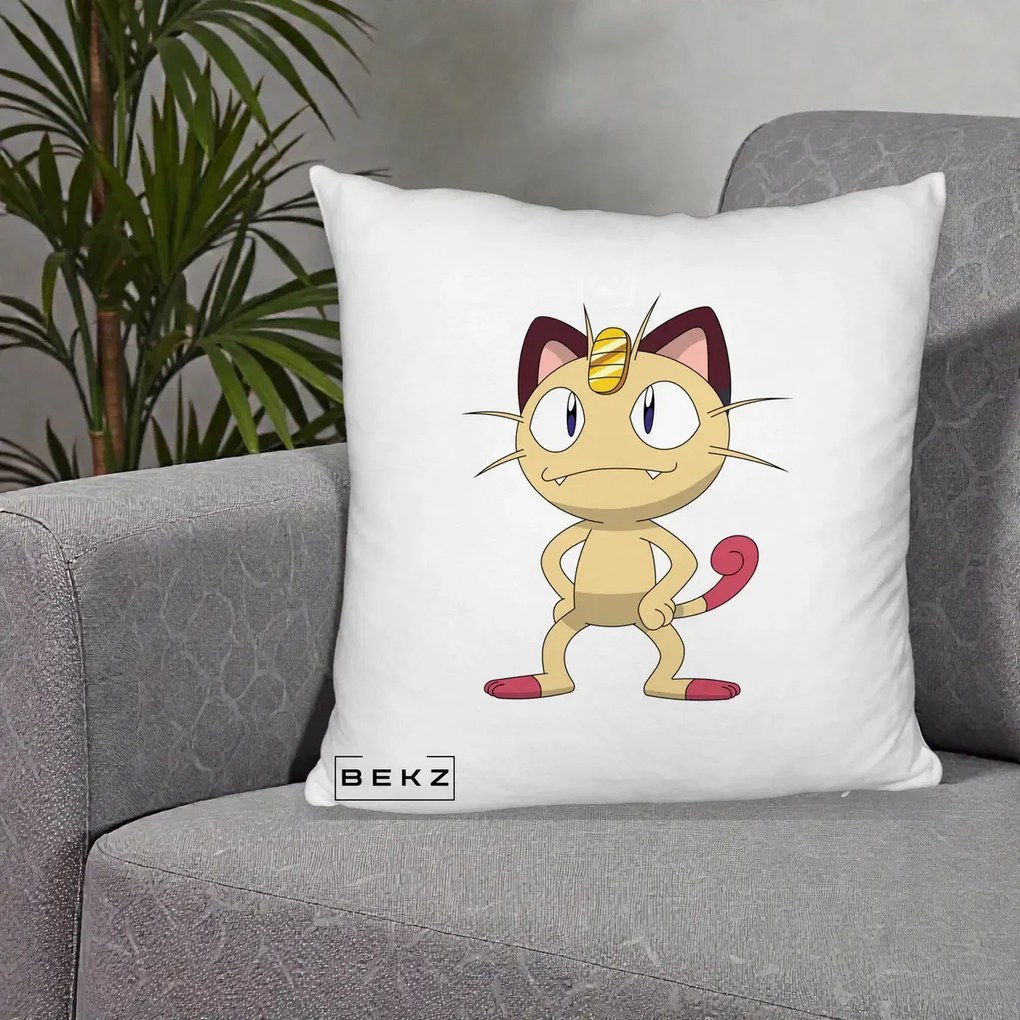Perna Personalizata Meowth Pokemon, 40x40 cm, Alb Pufos, Husa Detasabila, Perna Inclusa, BEKZ®