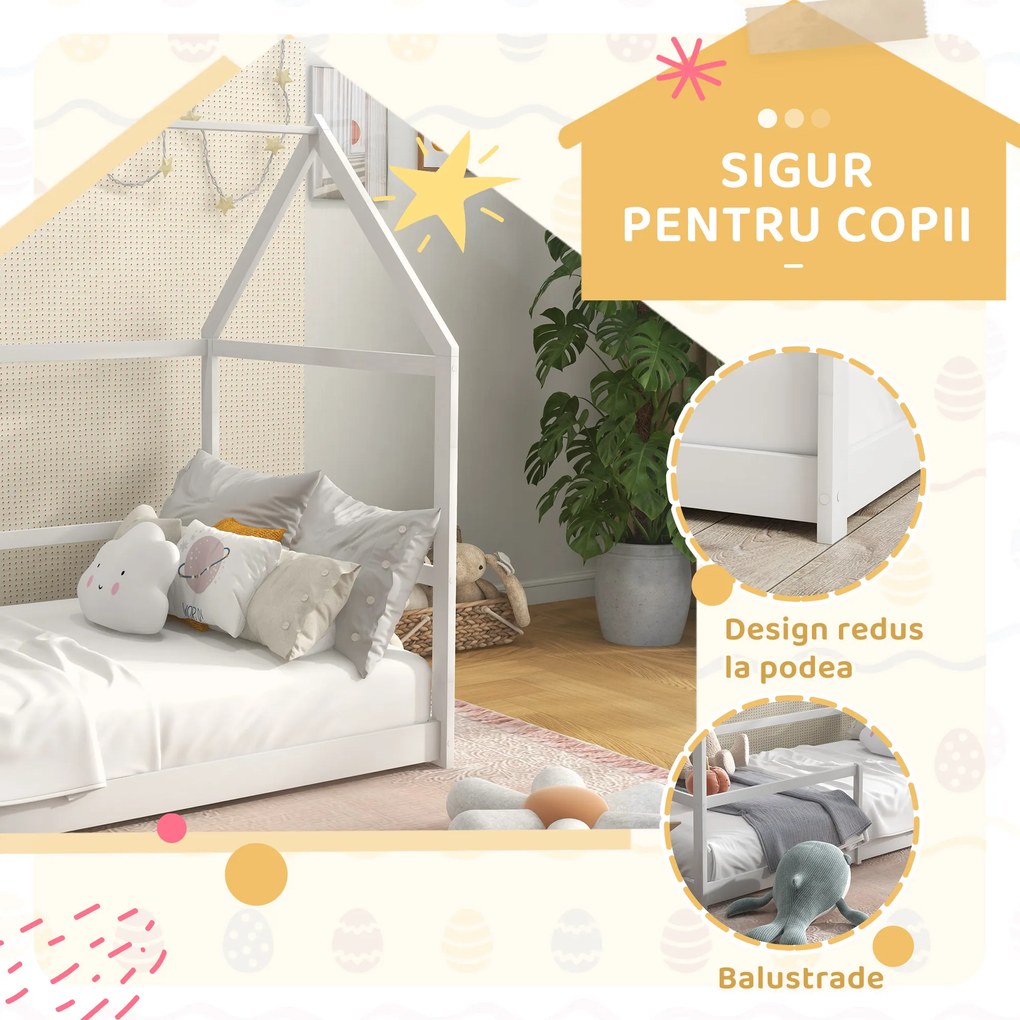 AIYAPLAY Pat Montessori pentru Copii în Formă de Căsuță cu Bariere de Protecție Anti-Cădere, 196x97.5x135 cm, Alb | Aosom Romania