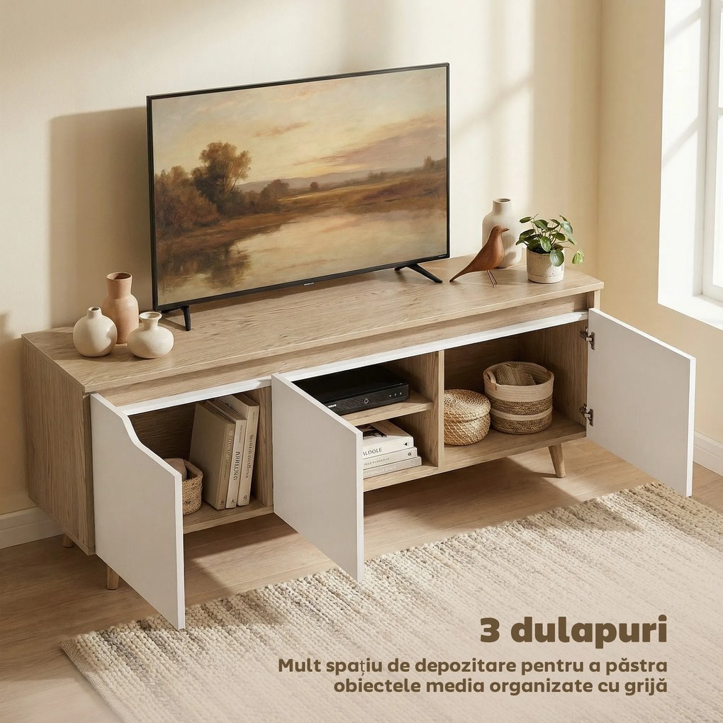 HOMCOM Suport TV, Mobilier TV pentru Televizoare de până la 55", cu 3 Compartimente și Raft Reglabil, Mobilier pentru Living cu 5 Picioare din Lemn, Stejar și Alb | Aosom Romania