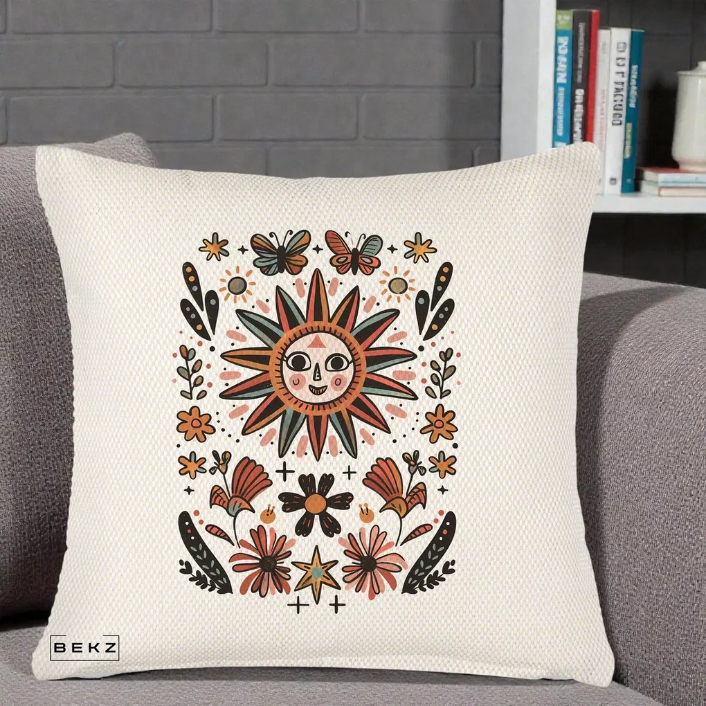 Perna Decorativa Soare Boho Folk Fluturi, 40x40 cm, Crem Reliefat, Husa Detasabila, Perna Inclusa, BEKZ®