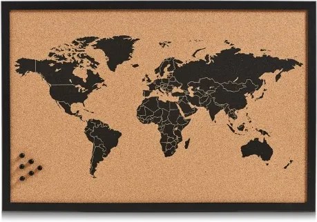 Panou din pluta cu rama de lemn, Pin Board Worldmap Negru, L60xl40 cm