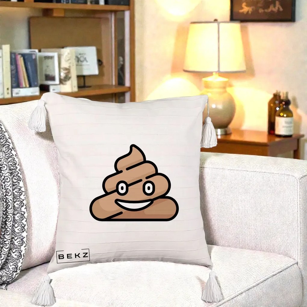 Perna Decorativa Emoji Poop Funny, 40x40 cm, Bej cu Franjuri, Husa Detasabila, Perna Inclusa, BEKZ®