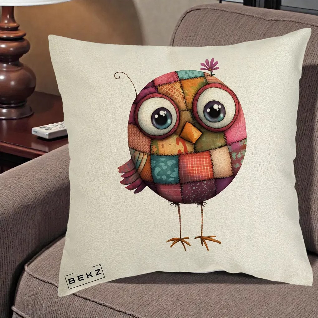 Perna Decorativa Pasare Patchwork Roz cu Floare, 40x40 cm, Ecru, Husa Detasabila, Perna Inclusa, BEKZ®