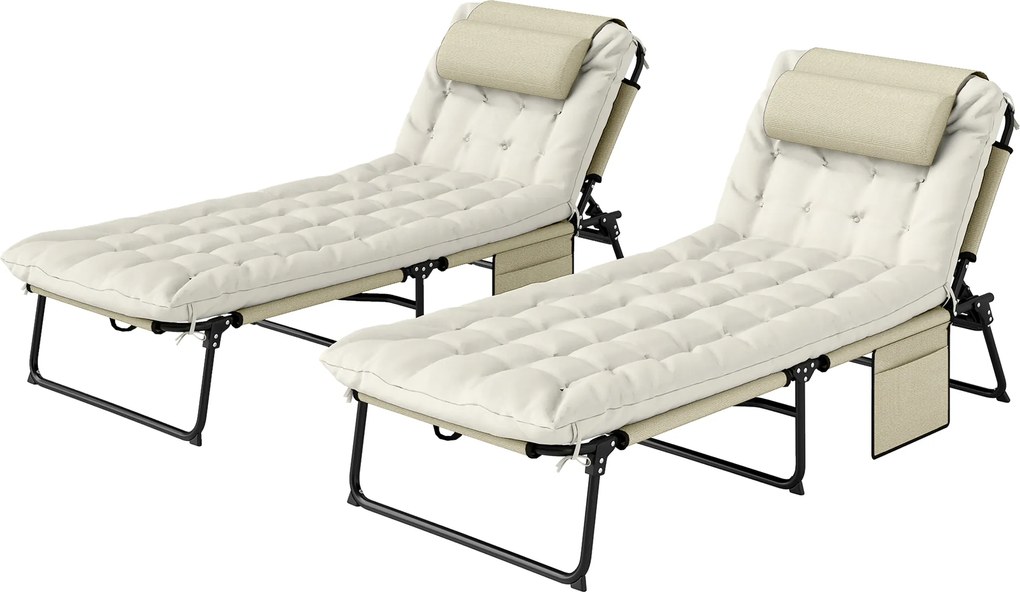 Outsunny Set de 2 șezlonguri pliabile cu spătar reglabil 4 poziții - tetieră și saltea groasă bej | Aosom Romania