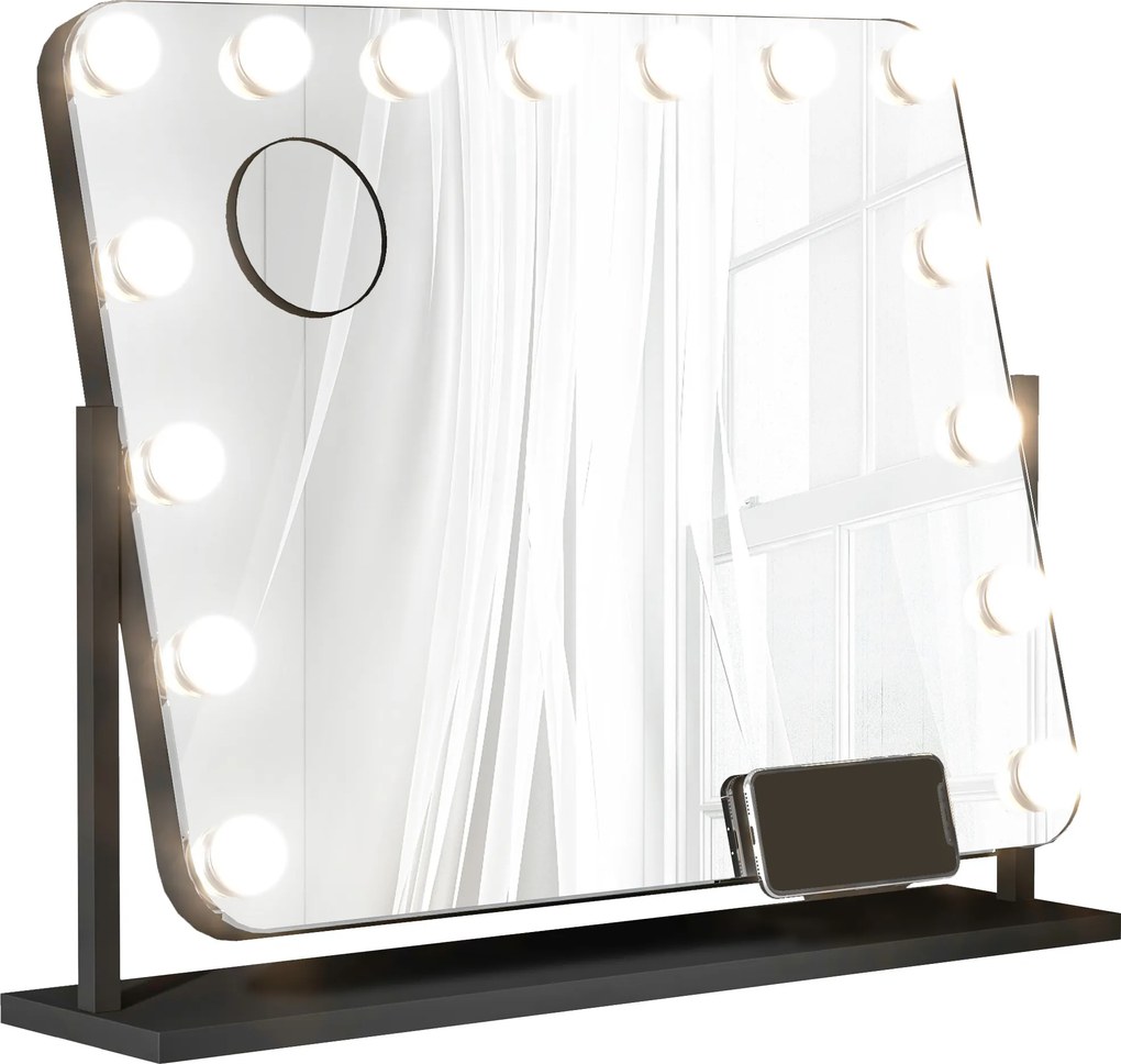 HOMCOM Oglindă cosmetică cu LED-uri, 3 moduri de lumină, reglabilă, control tactil, USB, 62,5x49,5 cm, negru | Aosom Romania