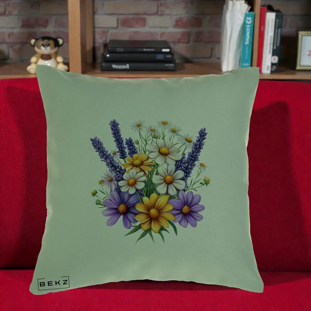 Perna Decorativa Lavanda Musetel si Flori Mov, 40x40 cm, Verde, Husa Detasabila, Perna Inclusa, BEKZ®