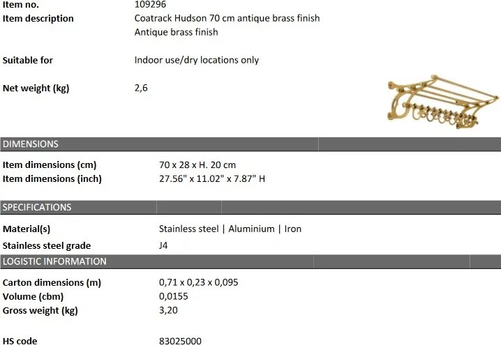 Suport haine design LUX Hudson S, alama antica 109296 HZ