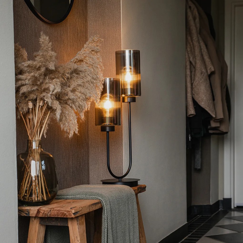 Lampă de masă Art Deco neagră cu sticlă fumurie cu 2 lumini - Laura