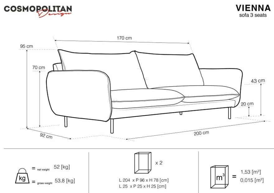 Canapea țesătură catifea Cosmopolitan Design Vienna, 200 cm, bej