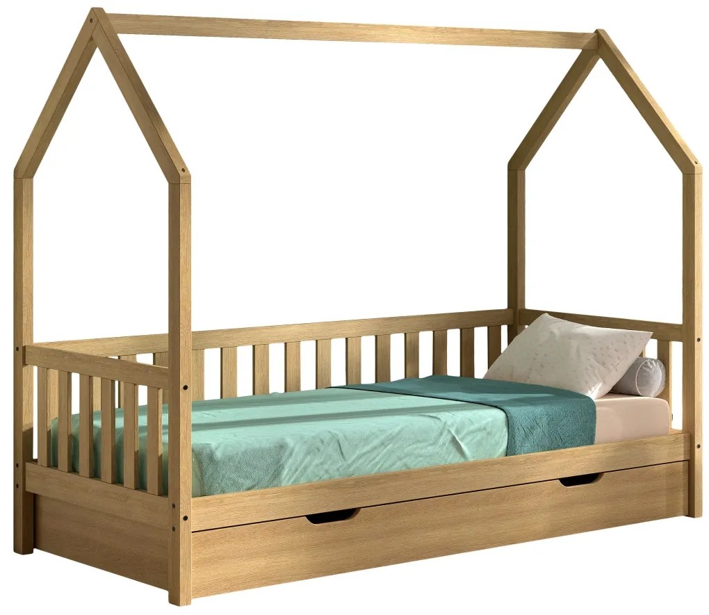 Pat Căsuță NATURE cu Sertar Extensibil, Stejar Natural, 90 x 190/200 cm (Stejar Masiv) – CABANE – Vipack