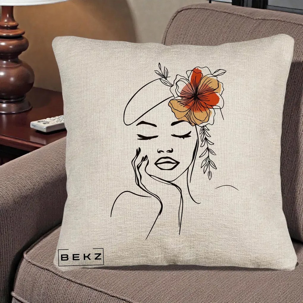 Perna Decorativa Portret Feminin Flori Palarie, 40x40 cm, Bej Canapea, Husa Detasabila, Perna Inclusa, BEKZ®