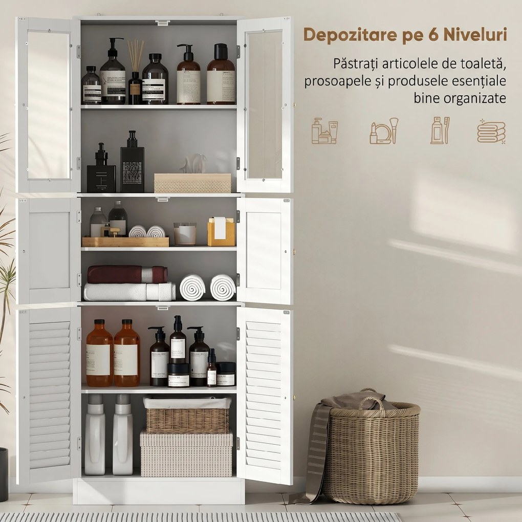 HOMCOM Dulap pentru baie cu 3 compartimente și 2 uși din sticlă și lemn, rafturi reglabile, 60x30x170 cm, alb | Aosom Romania