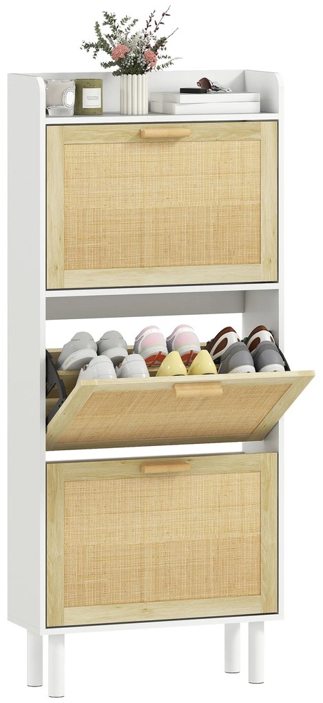 HOMCOM Dulap pentru pantofi 3 uși rabatabile etajeră efect rășină împletită design boem 65 x 24,5 x 153 cm alb | Aosom Romania