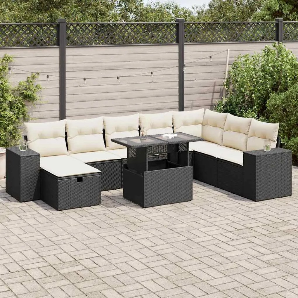 3327956 vidaXL Set mobilier de grădină cu perne, 9 piese, negru, poliratan