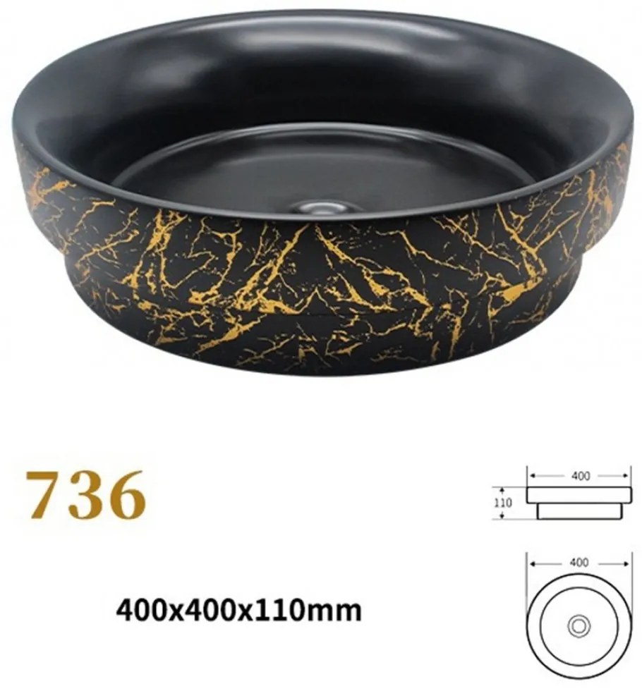 Lavoar Ceramic Premium, Rotund Negru-Gold 40cm