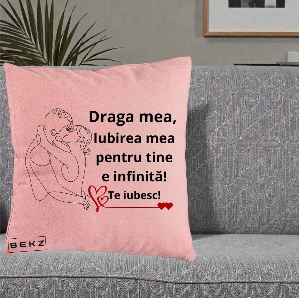 Cadou pentru Iubita - Perna Personalizata Draga Mea Iubirea Mea pentru Tine e Infinita Te Iubesc, 40x40 cm, Roz, Husa Detasabila, Perna Inclusa, BEKZ®