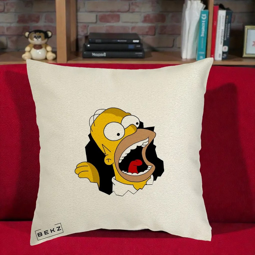 Perna Personalizata Homer Simpson Surpriza, 40x40 cm, Ecru, Husa Detasabila, Perna Inclusa, BEKZ®