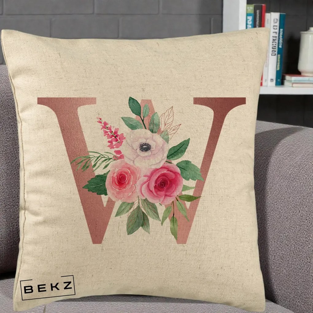 Cadou Personalizat - Perna Personalizata Monograma Rose Gold Litera W cu Trandafiri si Anemona, 40x40 cm, Bej, Husa Detasabila, Perna Inclusa, BEKZ®