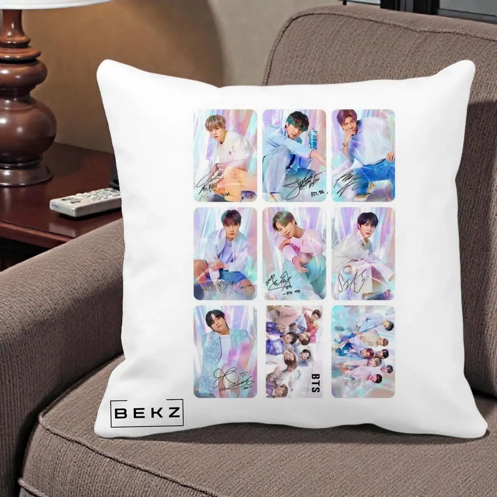 Perna Personalizata K-pop BTS Colaj 9 Fotografii Autografe Individual, 40x40 cm, Alba Mata, Husa Detasabila, Perna Inclusa, BEKZ®