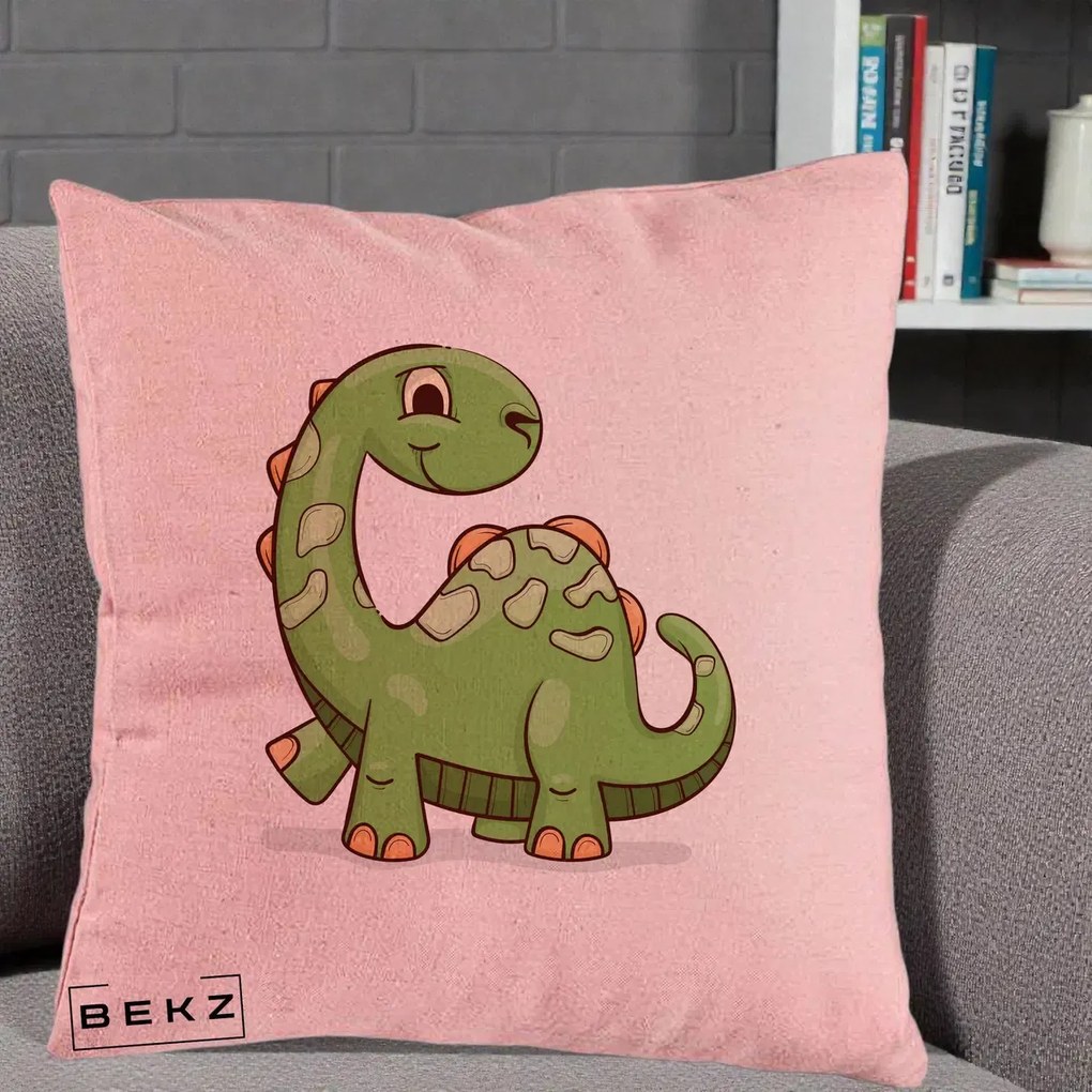Perna Decorativa Brontosaur Verde Simpatic, 40x40 cm, Roz, Husa Detasabila, Perna Inclusa, BEKZ®