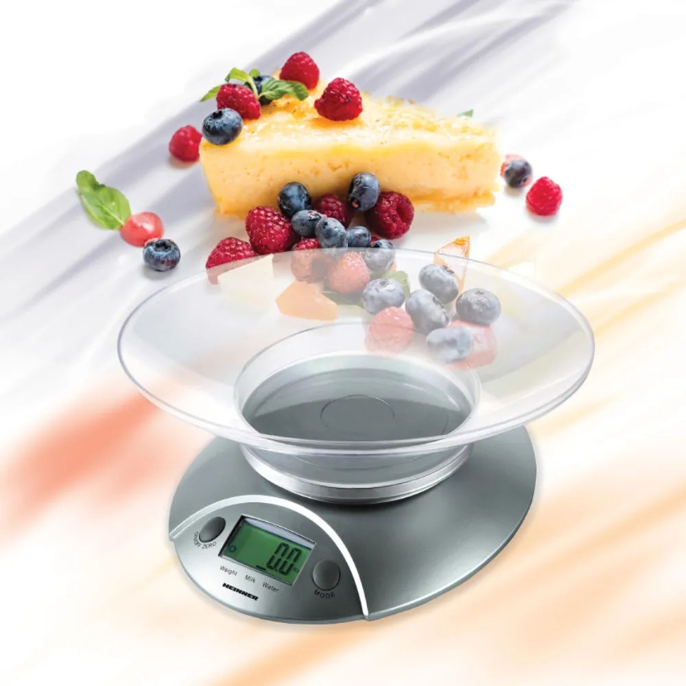CANTAR DE BUCATARIE HEINNER HKS-5SL, 5 KG, FUNCTIE CANTARIRE LICHIDE, DISPLAY LCD, GRADARE 1 G, ARGINTIU
