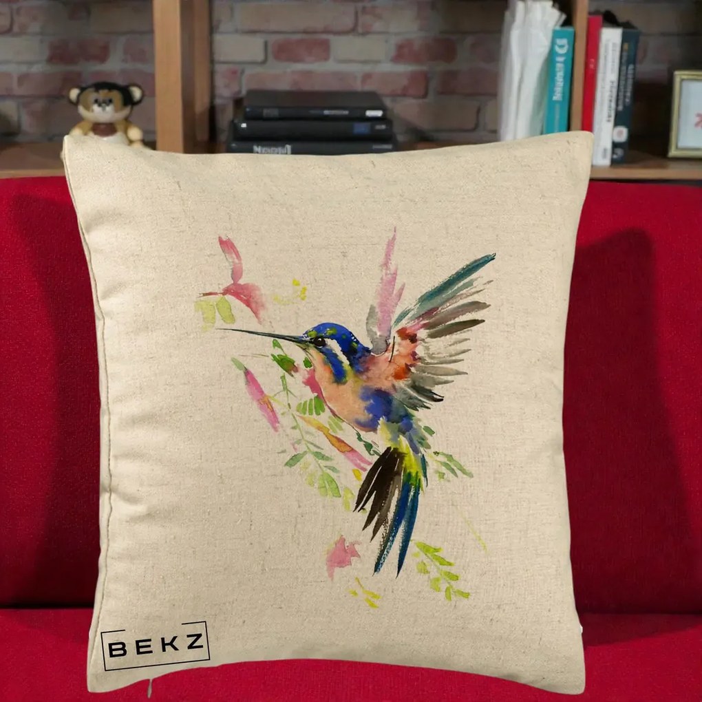 Perna Decorativa Colibri Acuarela, 40x40 cm, Bej, Husa Detasabila, Perna Inclusa, BEKZ®