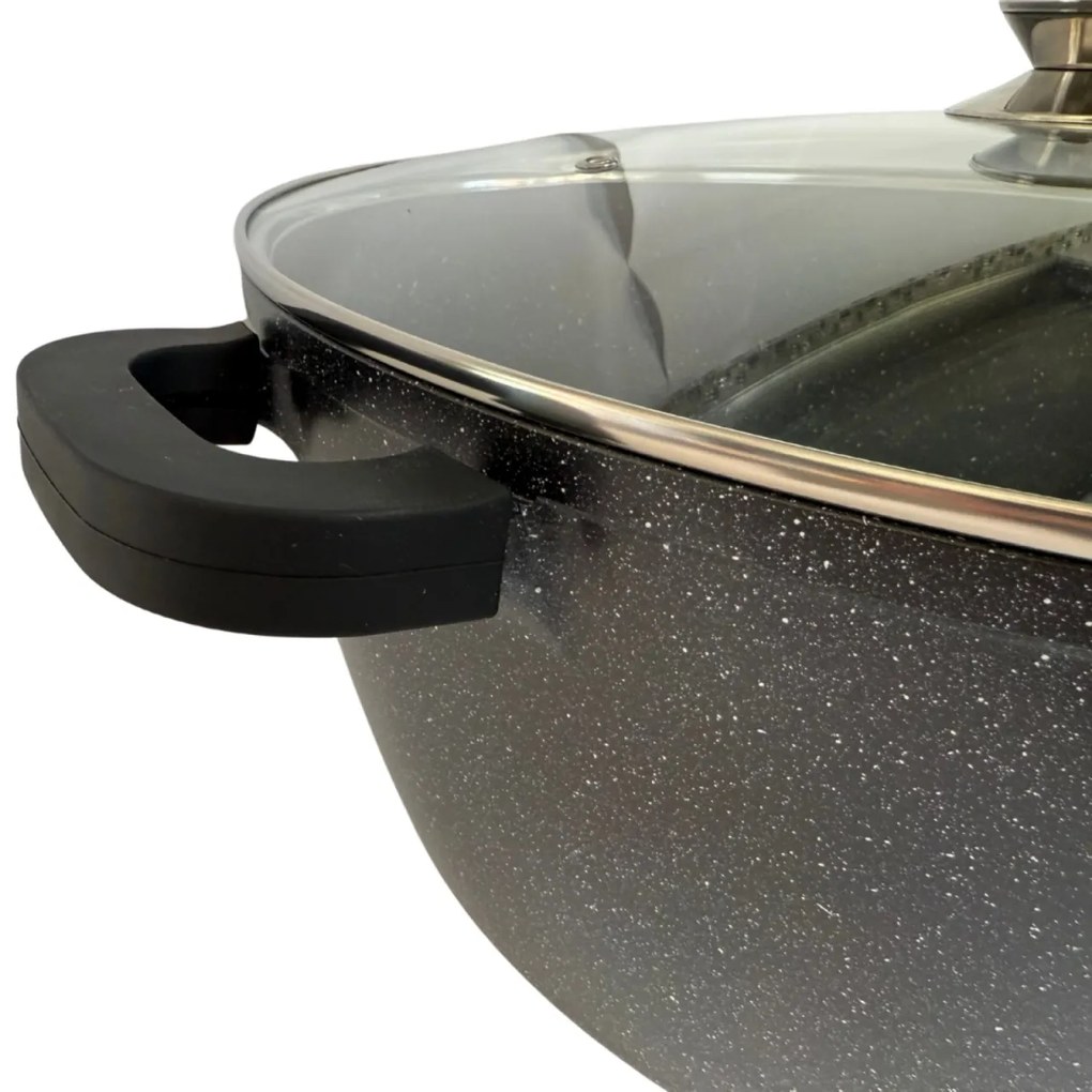 Oala mare, 23,4 litri, 44 cm tip cratita marmorata antiaderenta, cu capac, pentru zacusca, bulion, gemuri, cu protectie manere din silicon Royalty