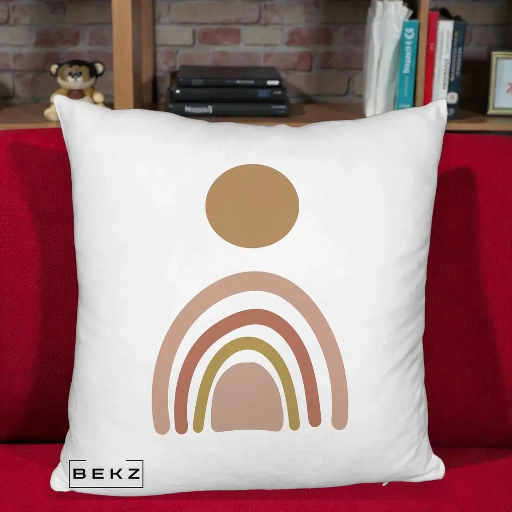 Perna Decorativa Boho Rainbow Sun, 40x40 cm, Alb Pufos, Husa Detasabila, Perna Inclusa, BEKZ®