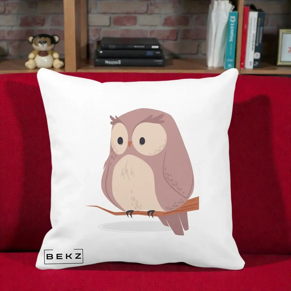 Perna Decorativa Bufnita Kawaii pe Creanga, 40x40 cm, Alba Mata, Husa Detasabila, Perna Inclusa, BEKZ®