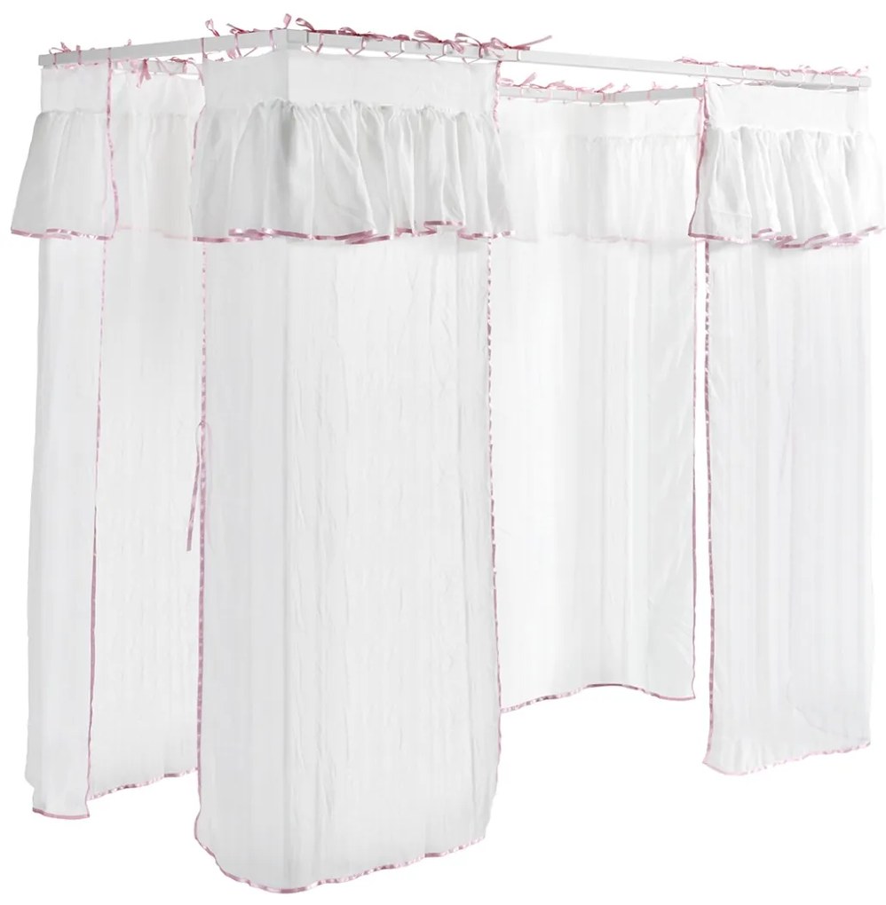 Această combinație AMORI în alb constă dintr-un pat cu baldachin (90 x 200 cm) cu setul de textile asortat, o noptieră și un dulap cu 2 uși.