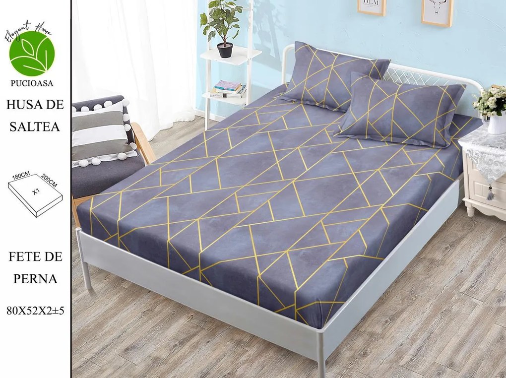 Husa de pat cu elastic 180x200 din Bumbac Finet + 2 Fete de Perna - Geometric Mov