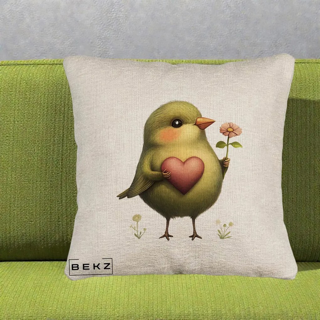 Perna Decorativa Pasare Verde cu Inima si Floare, 40x40 cm, Bej Canapea, Husa Detasabila, Perna Inclusa, BEKZ®