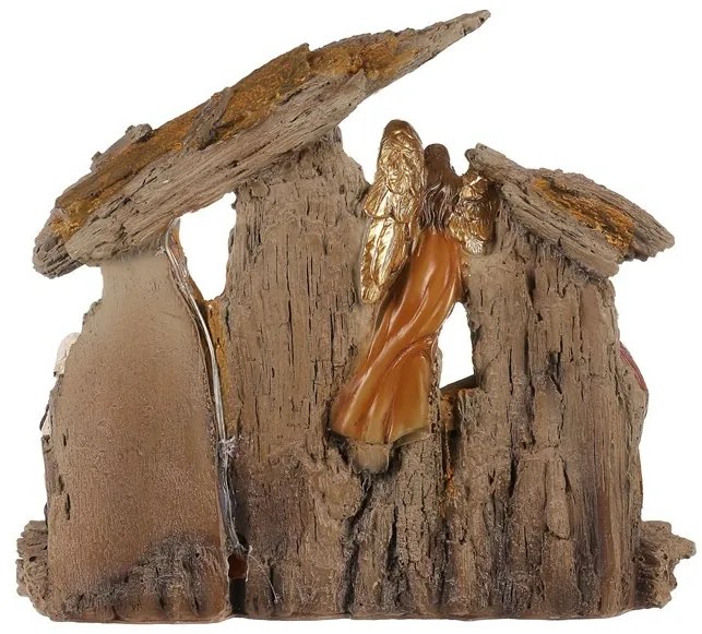 Decorație de Crăciun Betleem cu trei magi și înger, poliresină, LED, maro, 20x23x7cm