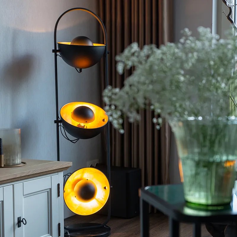 Lampă de podea industrială neagră cu auriu 3 lumini - Magnax